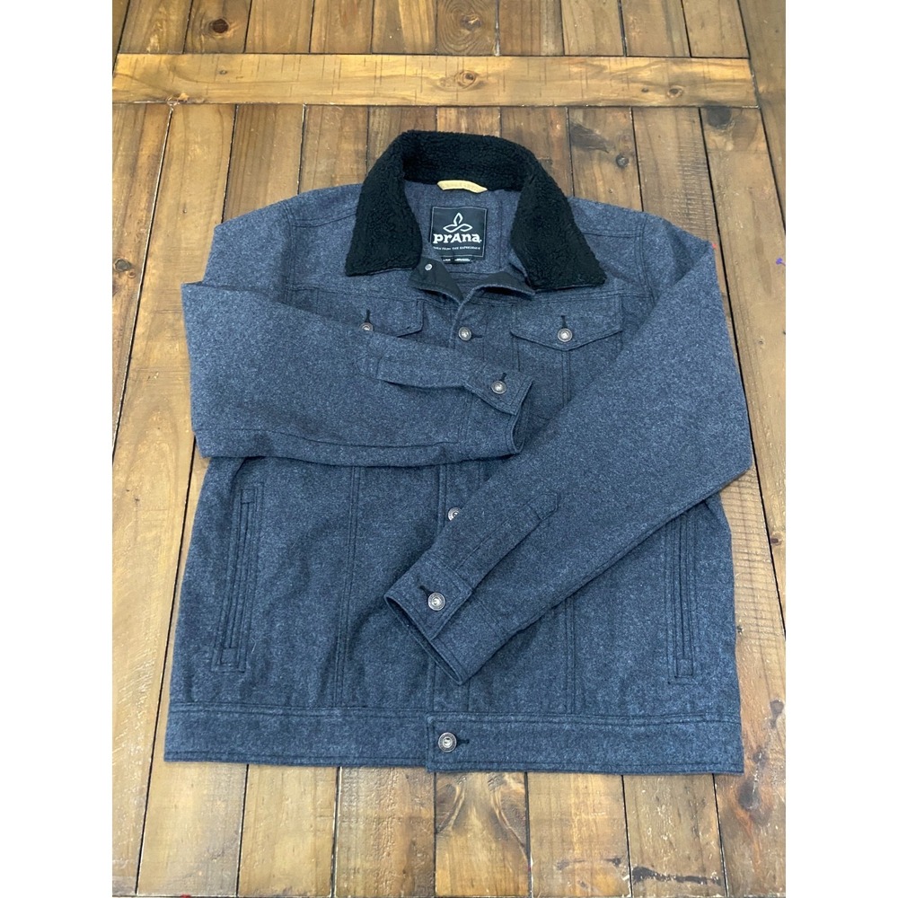 prAna Pinnacle Jacket Mens Large Charcoal Wool‎ Blend Sherpa Collar Trucker Coat